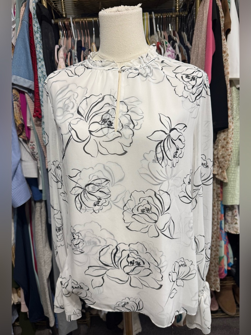 White House Black Market White Floral Long-Sleeve Ruffle Neck Blouse